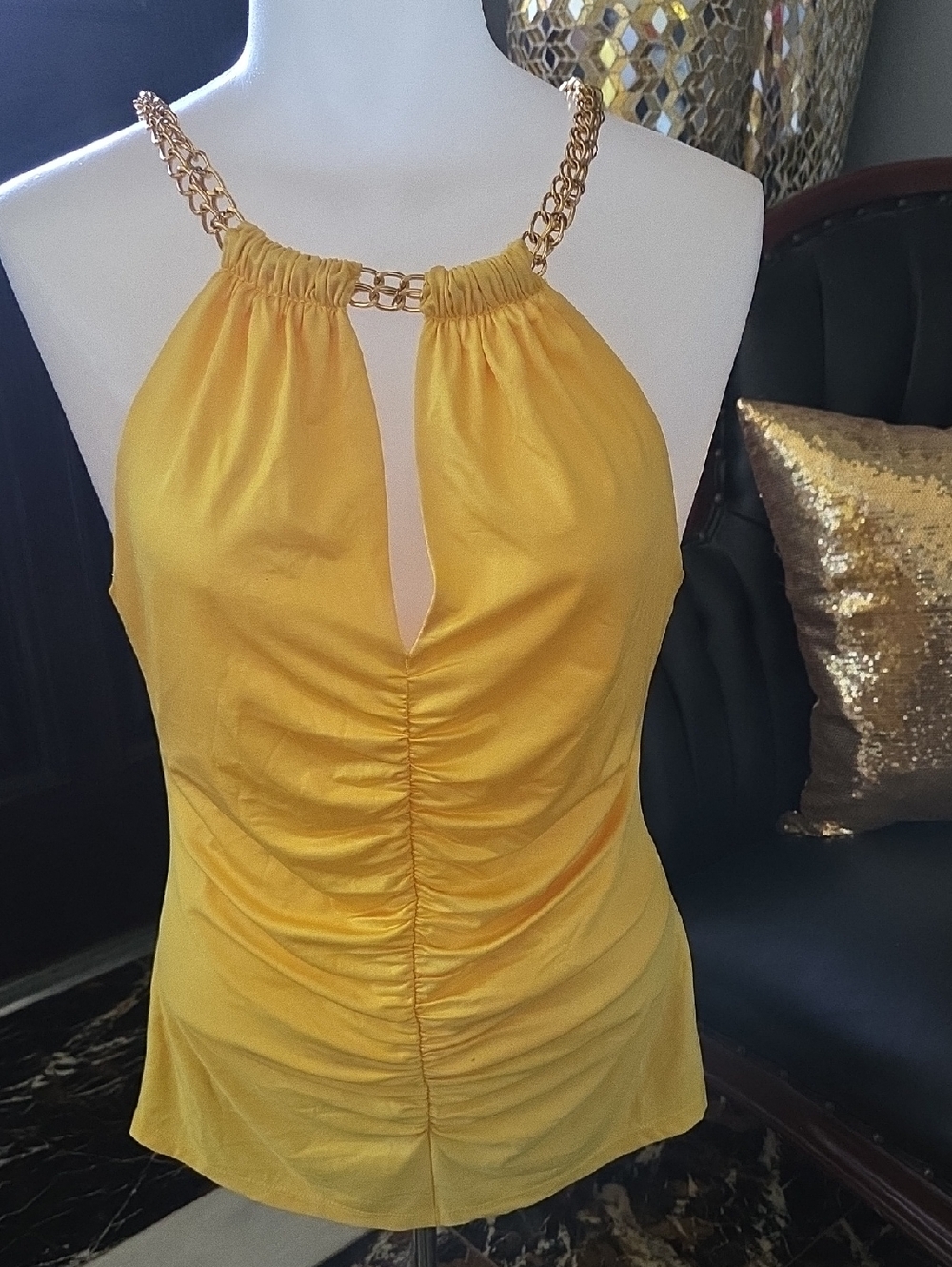 Cache Yellow One-Shoulder Chain-Trim Halter Top